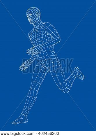 Wireframe Running Man. Vector 3d Rendering. Man In Running Pose