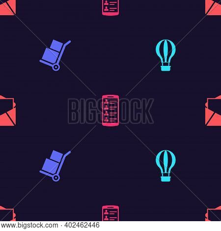 Set Hot Air Balloon, Hand Truck And Boxes, Smartphone With Contacts And Mail E-mail On Seamless Patt
