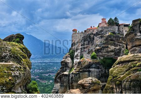 Cliff-top Great Meteoron Monastery In Rocky Landscape Of Famous Meteora Valley, Greece, Unesco World