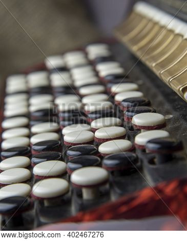 Buttons Bayan Close-up. Black And White Keys Of An Accordion Close Up.