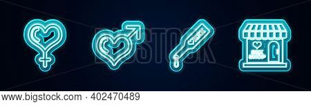 Set Line Female Gender And Heart, Male, Spanking Paddle And Sex Shop Building. Glowing Neon Icon. Ve