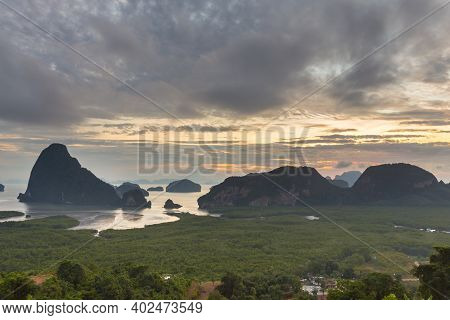 Samet Nangshe Viewpoint At Sunrise In Phang Nga, Thailand.