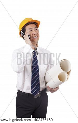 Construction Management Holding Blueprints And Using Phono High Quality Photo