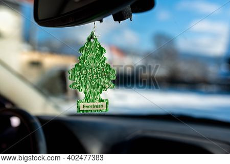 Miercurea Ciuc, Romania- 09 January 2021: Hanging Wunder Baum Everfresh Air Freshener On Car Interio