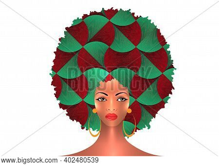 Portrait African American Woman Dark Skin Female Face With Afro Curly Hair And Earrings, Vector Isol