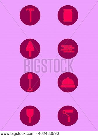 Brick Layer Cartoon Icon Set. Isolated On Pink Background In Flat Modern Style Vector Design.