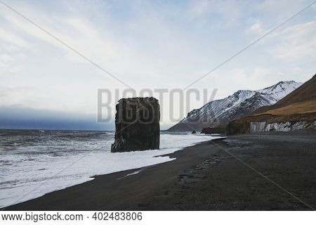 Panorama Of Laekjavik Beach Rock Formation Sea Stack Black Sand Atlantic Ocean Coast Tower East Fjor