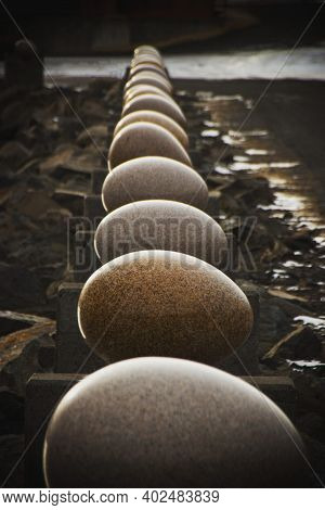 Eggin I Gledivik Oversized Granite Stone Eggs Sculpture Art Installation In Harbour Of Djupivogur Ea