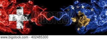 Switzerland, Swiss Vs Kosovo, Kosovar Smoky Mystic Flags Placed Side By Side. Thick Colored Silky Ab