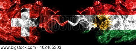 Switzerland, Swiss Vs Kurdistan, Kurdish, Kurds Smoky Mystic Flags Placed Side By Side. Thick Colore
