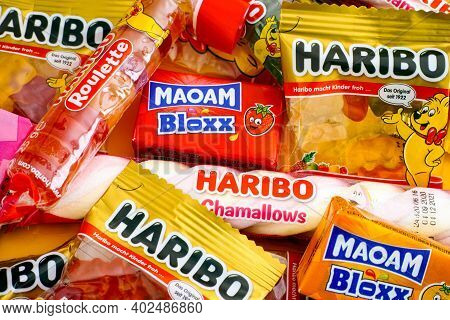 Tambov, Russian Federation - January 06, 2021 Haribo Candies Background. Full Frame.