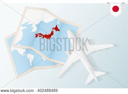 Travel To Japan, Top View Airplane With Map And Flag Of Japan. Travel And Tourism Banner Design.