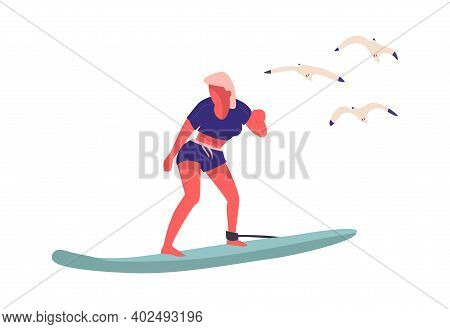 People At Beach. Cartoon Woman Surfing. Isolated Young Female Standing On Surfboard And Flying Seagu