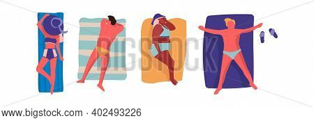 People At Beach. Cartoon Men And Women Lie On The Sand And Sunbathe. Cute Sunburnt Characters Relax 