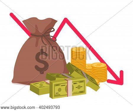 Money Loss. Economic Crisis Or Bankruptcy. Cartoon Bag With Gold Coins And Bundles Of Banknotes. Gra
