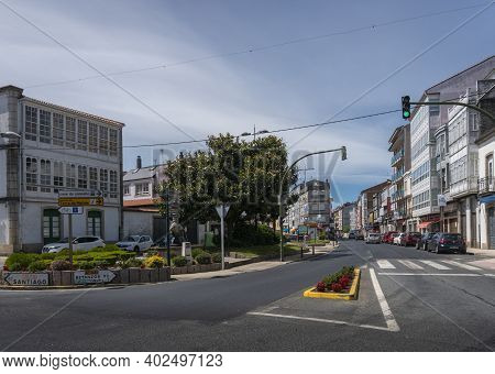 Melide, Spain, July 2020 - Street View Of The Town Of Melide, Galicia, Spain