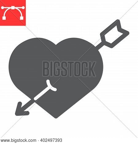 Pierced Heart With Arrow Glyph Icon, Valentines Day And Love, Heart With Arrow Sign Vector Graphics,