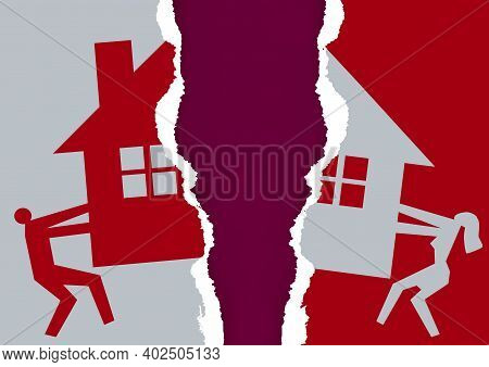 Division Of Property At Divorce.
A Divorced Couple Ripping Paper With The Symbol Of The House. Vecto