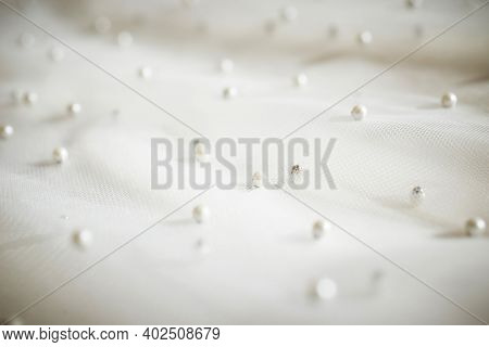 Texture Of The Wedding Dress. Wedding Dress Details. Close Up View.