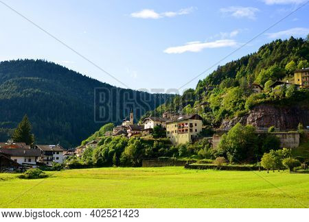 Molina di Fiemme,Italy - September 12, 2017 : View on the village Molina di Fiemme, Trentino Alto Adige,Sudtirol, Italy.