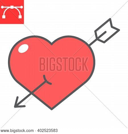 Pierced Heart With Arrow Color Line Icon, Valentines Day And Love, Heart With Arrow Sign Vector Grap