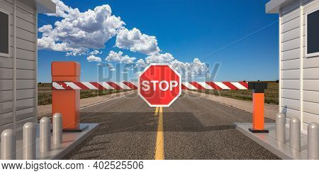 Car Barrier Gate Outdoor With Stop Sign, Blue Sky Background, Closed Automatic Boom, Highway Toll Se