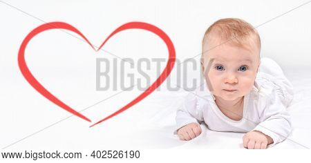 Valentine Day Baby, Three Months Old, Caucasian, Lying On Stomack, Looking At Camera, Isolated On Wh
