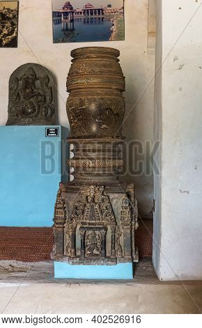 Hampi, Karnataka, India - November 5, 2013: Zanana Enclosure. Part Of Sculpted Black Rock Pillar On 
