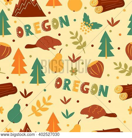 Usa Collection. Vector Illustration Of Oregon Theme. State Symbols - Seamless Pattern