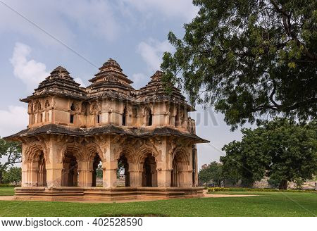 Hampi, Karnataka, India - November 5, 2013: Zanana Enclosure. Brown Stone Ruinous Lotus Mahal Buildi