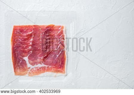 Italian Antipasto Hamon Set, On White Background, Top View  With Copy Space For Text