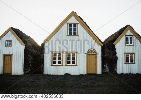 Panoramic View Of Historic Traditional White Turf Moss House Buildings Glaumbaer Museum In Skagafjor