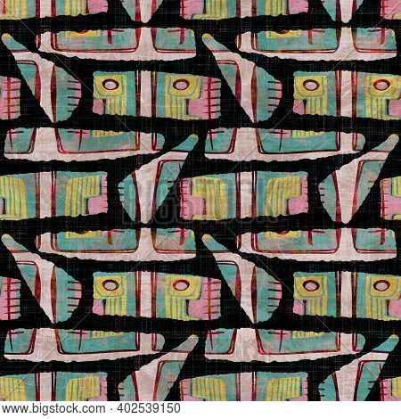 Seamless Dark Geometric Block Print Background. Boho Ethnic Soft Furnishing Fabric Style. Tie Dye Pa