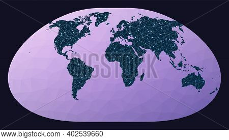 Global Network. Loximuthal Projection. World Network Map. Wired Globe In Loximuthal Projection On Ge
