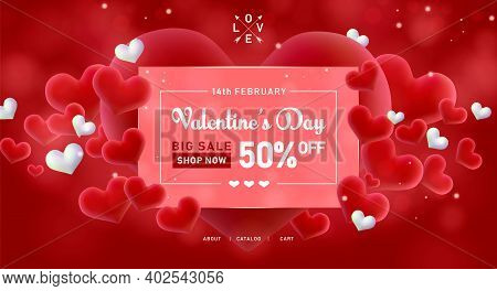 Valentines Day Big Sale Banner Background For Web-sete Header. Red Hearts. Cute Love Banner Or Valen