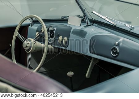 Stuttgart, Germany 6 March 2020: Interior And Steering Wheel Of Iconic Porsche 356 No.1 Showcar Road