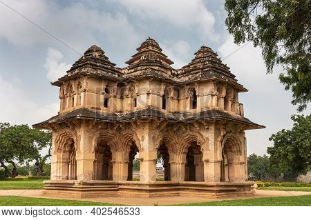 Hampi, Karnataka, India - November 5, 2013: Zanana Enclosure. Closeup Of Brown Stone Ruinous Lotus M