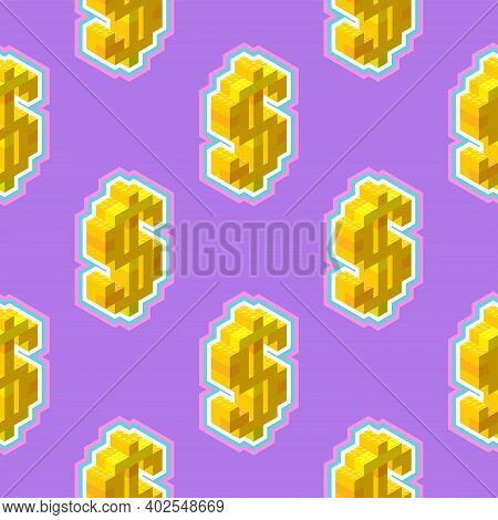 Gold Dollar Sign In Isometric, Seamless Pattern On A Purple Background. Vector Illustration For Prin