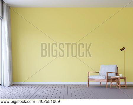 Empty Yellow Wall Living Room 3d Render.there Are Yellow Paint Wall And Gray Plank Floor ,funished W
