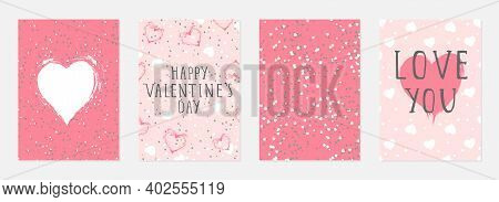 Valentine Day Cards With Watercolor Hearts,  Grunge Elements And Hand Drawn Lettering. Vector Backgr