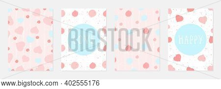 Valentine Day Cards With Watercolor Hearts,  Grunge Elements And Hand Drawn Lettering. Vector Backgr