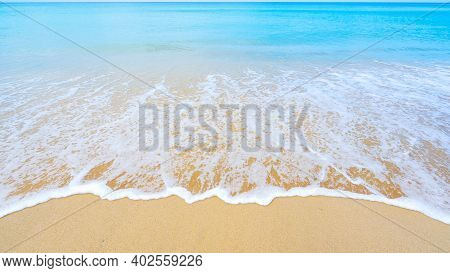 Beautiful Sea Summer Or Beach And Tropical Sea Background,soft Turquoise Ocean Wave Crashing On Sand
