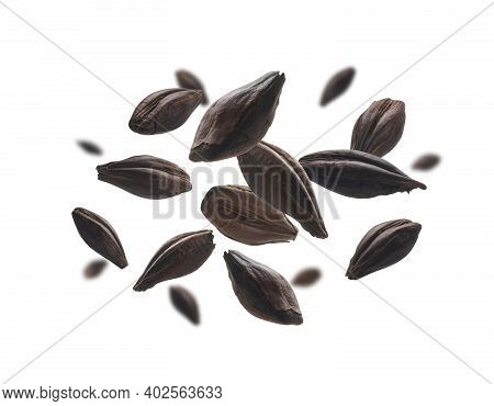 Roasted Rye Malt Grains Levitate On A White Background