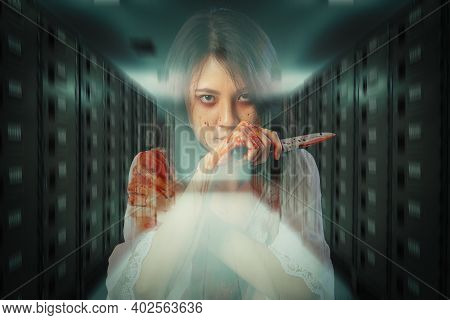 Soul Or Possess Immortal Souls In Locker Room Of Building. Double Exposure Image Of Horror Photo Of 