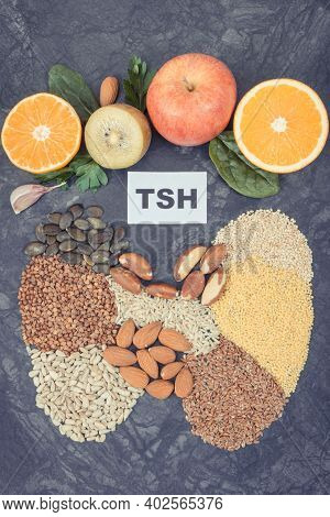 Inscription Tsh And Ingredients As Best Nutritious Food For Healthy Thyroid. Natural Eating Containi
