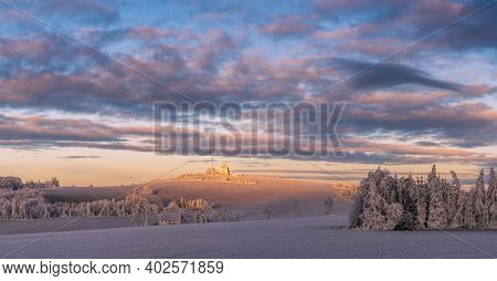 Panoranic View Schwartenberg In Germany Neuhausen Saxony Near Spa Town Seiffen At Winter Morning.