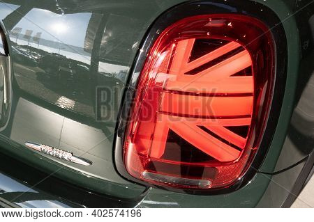 Bordeaux , Aquitaine  France - 01 05 2021 : Mini Union Jack Red Sign On Rear Light Car Close Up John