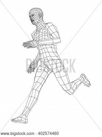 Wireframe Running Man. Vector 3d Rendering. Man In Running Pose