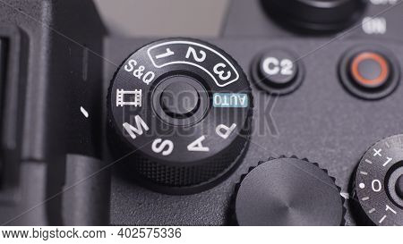 Russia, Moscow-december, 2020: Close-up Of Professional Camera Button. Action. Manual Mode Settings 
