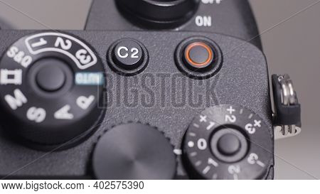 Russia, Moscow-december, 2020: Close-up Of Professional Camera Button. Action. Manual Mode Settings 